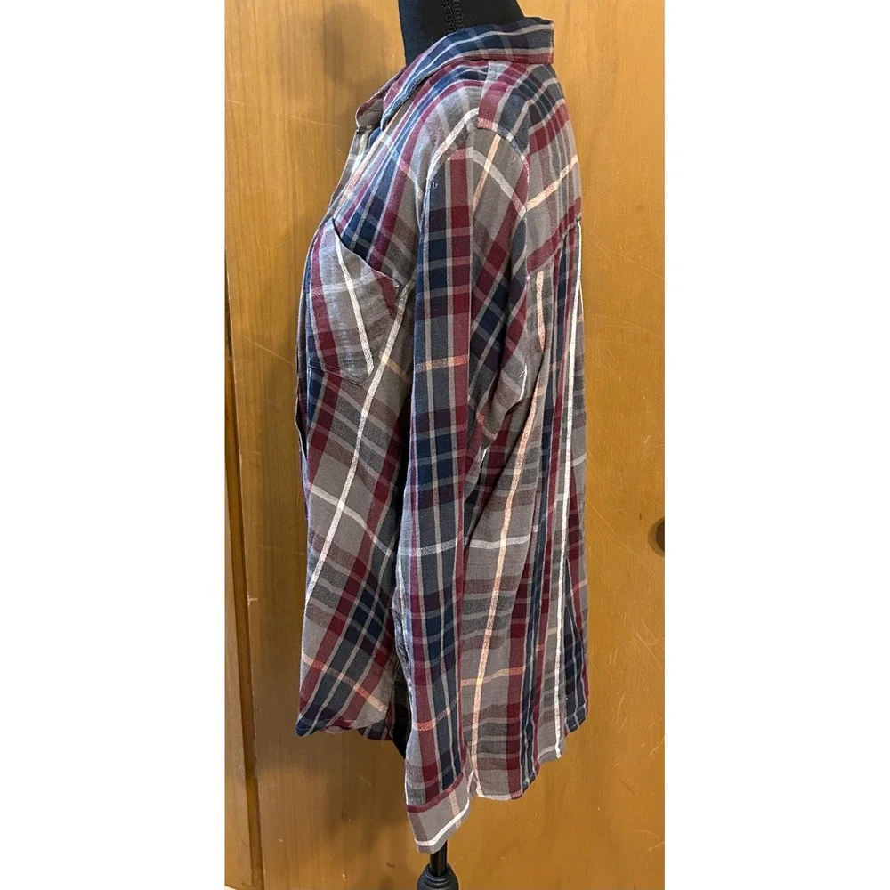 Lucky Brand Plaid Button Front Flannel Shirt Women's Large Gray Burgundy Blue - Picture 5 of 7